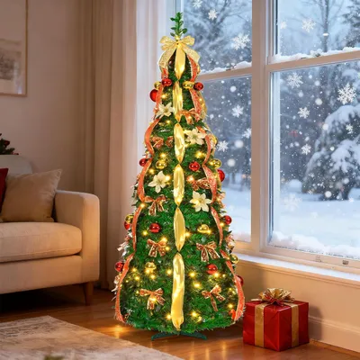 Zdjęcie produktu dla LARS360, choinka świąteczna rozkładana, 150 cm, z diodami LED, w kolorach czerwieni i złota, sztuczna choinka z podstawą i ozdobnymi wstążkami