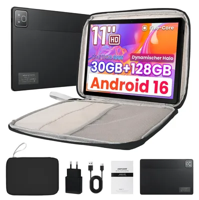 Produktbild von Tablet 11 Zoll, Android 16, 30(3+27)GB RAM, 128 GB ROM, HD 1280x800, Widevine L1, 7800 mAh, 5G WiFi, mit Tasche