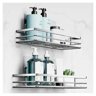Produktbild von Duschablage ohne Bohren, 2 Stück, Duschregal, Duschkorb, Badezimmer Organizer, Badregal, Shampoo Halterung, Dusche, Küche, Badezimmer Organizer mit 2 Klebeflächen, Silber