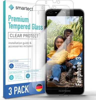A product shot of screen protectors for a Fairphone 3, with a phone displaying a couple in a park as a background image.