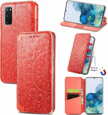 Produktbild von Handyhülle Schutztasche Case Cover Klapptache Wallet Bumper Etuis Mandala Blumen, Für Handy:Samsung Galaxy S21+ Plus, Farbe:Rot