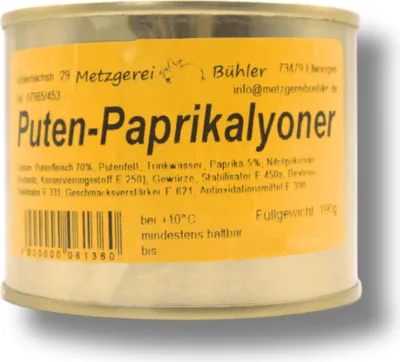 Produktbild von Puten Paprikalyoner 190g Dosenwurst Wurstkonserve Metzgerei Bühler Putenfleisch Truthanfleisch