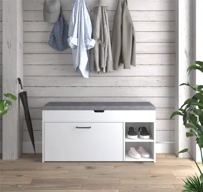 Image de Meerveil Banc à chaussures avec assise, banc à chaussures avec tiroir rabattable, style industriel en bois pour hall d'entrée, L100 x l30 x H52 cm, blanc