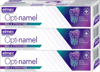 Three tubes of Elmex Professional Opti-namel toothpaste are stacked vertically.