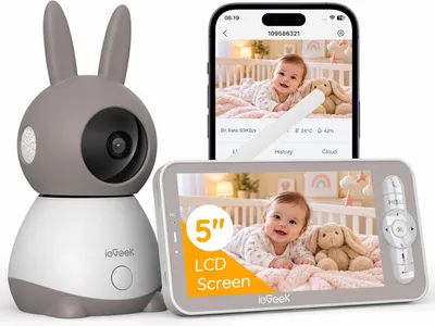 Productafbeelding van ieGeek 2K babyfoon met 5-inch scherm, camera, Wi-Fi, pan-tilt-zoom (PTZ), 360° beeld, nachtzicht, app-bediening, bewegingsdetectie, automatische tracking, geluidsdetectie (bijvoorbeeld huilen), split-screen functionaliteit