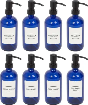 Produktbild von Harbor Housewares Seifenspender aus Glas mit Etiketten – 500 ml – Blau/Weiß – 8 Stück