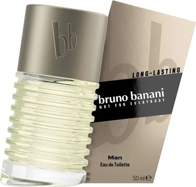 A bottle of Bruno Banani Man Eau de Toilette and its packaging are displayed against a white background.