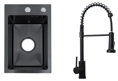 Produktbild von Faizee Home Edelstahlspüle Schwarz SUS304 mit Armatur Auswahl Vision 30x45x22 Spiral Armatur