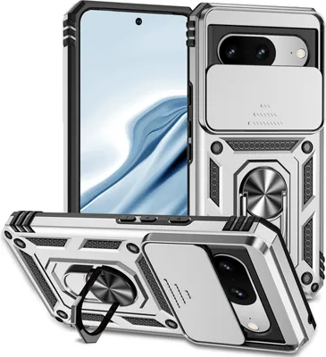 Image de Étui pour Google Pixel 8 étui double couche avec couvercle coulissant pour appareil photo et support annulaire Argent