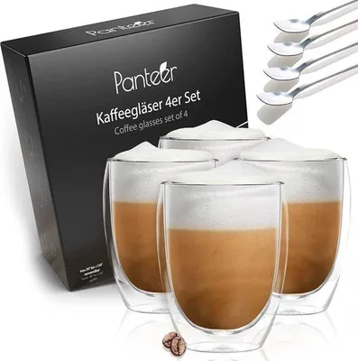 Productafbeelding van Tomivo® Dubbelwandige koffieglazen, 4 stuks, 350 ml – 4 lange lepels, borosilicaatglas, zonder handvat, thermisch geïsoleerd en vaatwasmachinebestendig