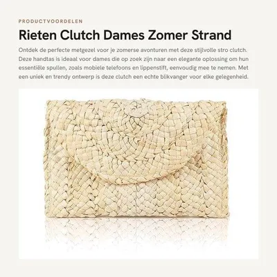 Productafbeelding van Strooiende Clutch - Dichte Weefstructuur - Zipper Pocket - Handtas Dames - Strandtas - 25 x 17 cm - Comfortabele Voering