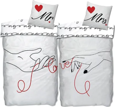 Two duvet covers and pillowcases with a romantic theme, featuring line drawings of hands and the word 'love'.