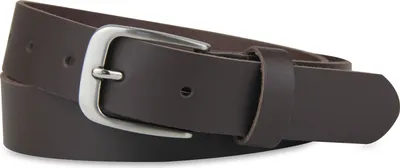 A close-up studio shot of a dark brown leather belt with a silver buckle.