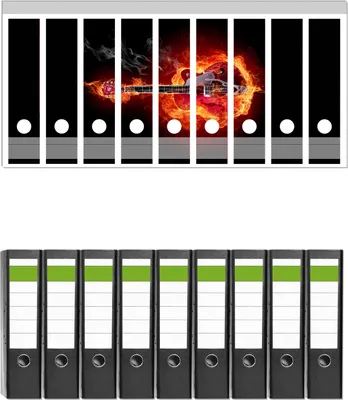 Produktbild von Wallario 9 Stück breite Ordner inkl. Klebeetiketten mit Motive Brennende Gitarre -  Set mit Rückenschildern / Ordnerrücken Stickern