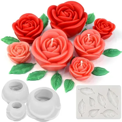 Immagine prodotto di Set di 4 stampi in silicone a forma di rosa 3D, con elementi a forma di foglia, ideali per progetti di artigianato fai-da-te