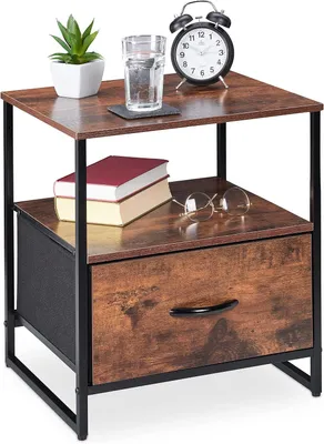 Zdjęcie produktu dla Szafka nocna w stylu industrialnym - 2 półki - Stolik nocny z szufladą - Metal i MDF - 50x45x40 cm - Stolik - Czarny - Brązowy