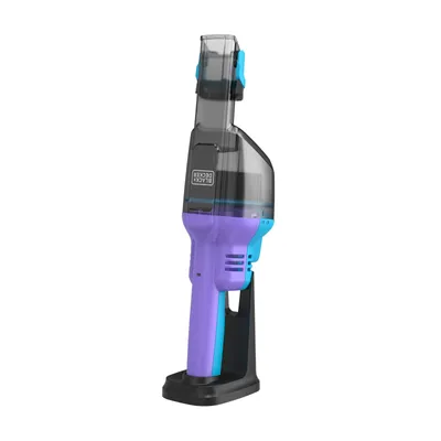 A handheld vacuum cleaner is shown in its charging dock.