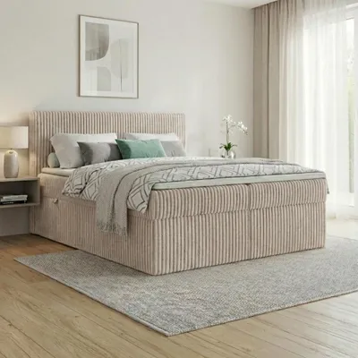 Produktbild von Boxspringbett RALF  160 x 200 cm mit Bettkasten, Topper und gepolstertem Kopfteil. Farbe:  Beige, Härtegraden:  H2 , Topper: T25-Topper