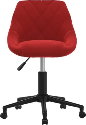 A red velvet swivel chair with a black base and wheels, shown from the front against a white background.