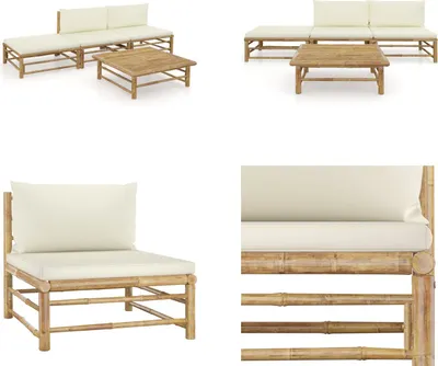 Produktbild von vidaXL 4 tlg. Garten Lounge Set mit Cremeweißen Kissen Bambus - Garten-Lounge-Set - Garten-Lounge-Sets - Gartenmöbel - Gartenmöbel-Set