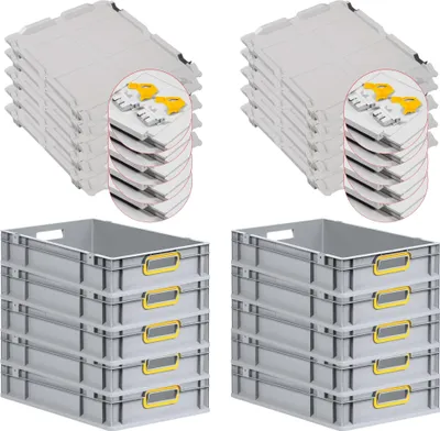 Produktbild von SuperSparSet 10x Eurobox NextGen Color mit Scharnierdeckel und Schiebeschnappverschlüssen | HxBxT 12x40x60cm | 23 Liter | Grau | Griffe gelb offen | Glatter Boden | Eurobehälter, Transportbox, Transportbehälter, Stapelbehälter