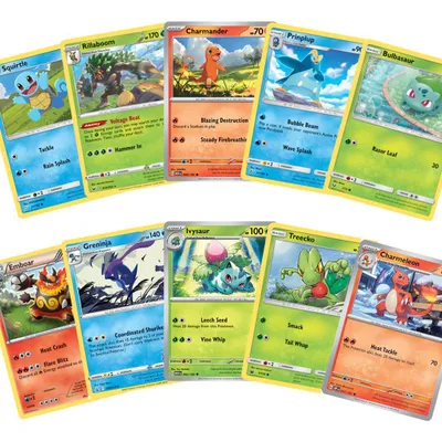 Produktbild von Pokémon Karten Set Englisch – 10 Karten Starter Pokémon & Entwicklungen – Zufällige Zusammenstellung - Ohne Duplikate