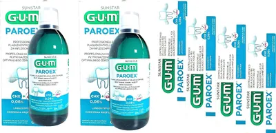 Produktbild von 2x GUM Paroex 0,06% Mundspülung 500ml + 4x GUM Paroex 0,06% Zahnpasta