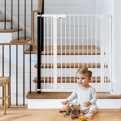 Produktbild von COMOMY Türschutzgitter 107cm Hoch, Treppenschutzgitter 75-110 cm ohne Bohren, Babygitter mit Auto-Schließen& 90° Stopp für Kinder, Weiß