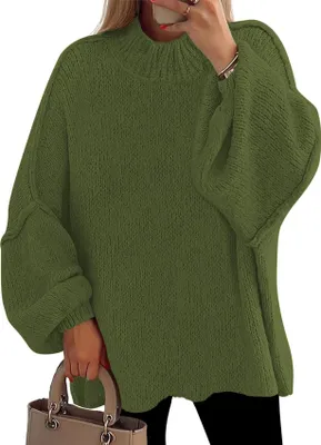 Produktbild von ASKSA Damen Pullover Oversized Fledermaus Strickpullover Rundhals Elegant Casual Gestrickt Winter Obertiele Pullis (Armeegruen,S)