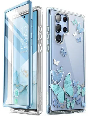 Image de Coque de protection pour Samsung Galaxy S22 Ultra 5G (2022) avec protection d'écran, motif pailleté, motif papillon bleu
