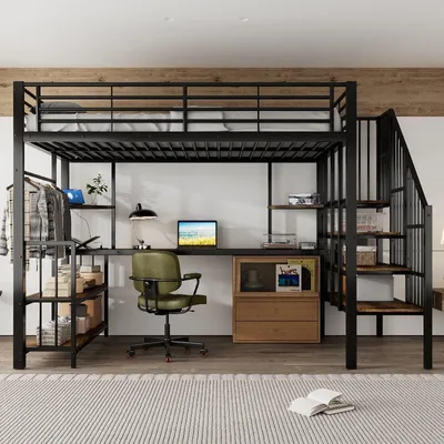 Productafbeelding van Hoogslaper 120x200 cm, zwart, donker, van ijzer en MDF, met laadpoort, zijtrap met leuning en opbergruimte, geschikt voor de slaapkamer