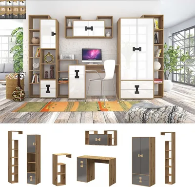 Produktbild von Jugendzimmer Kinderzimmer komplett 7-tlg DENIS Set B Schrank Schreibtisch Regale hochglanz Farbauswahl