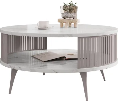 Produktbild von MIRJAN24 Couchtisch Roenni Cashmere, Wohnzimmer Kaffeetisch, Beine und Seiten aus Stahl (Farbe: Cashmere / Bianco Marmor)