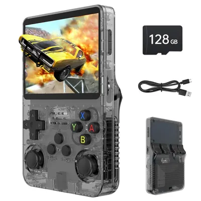 A transparent gray retro handheld game console with a yellow car in an explosion on the screen, along with a 128GB SD card and a USB cable.