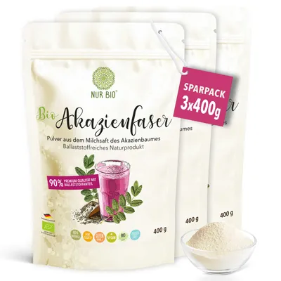 Produktbild von NUR BIO® Akazienfaser Pulver 3x 400 g Set Bio Gummi Arabicum pur 90 % Ballaststoffe geschmacksneutral