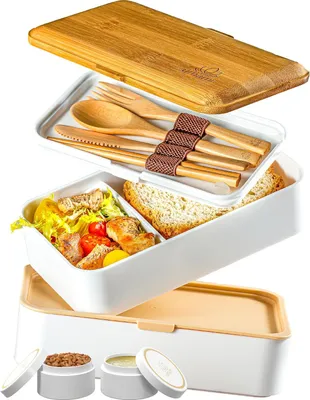 Produktbild von 1,2L Bento-Box für Erwachsene mit Besteck & 2 Saucenbehältern - Lunchbox für Salat, Snack oder Meal Prep - Auslaufsicheres Fächersystem