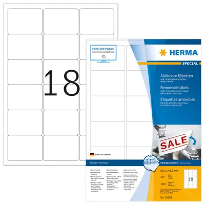 Obrázok produktu pre HERMA Etiketten A4 weiß 63,5x46,6 mm ablösb. Papier 1800 St.