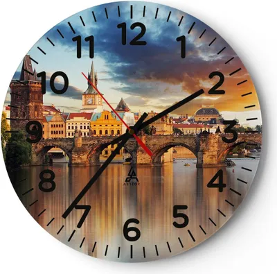 Produktbild von Wanduhr - Rund - Glasuhr - Prag brücke geschichte fluss - 30x30cm - Schleichendes Uhrwerk - Lautlos - zum Aufhängen bereit - Dekoration Modern - Wanddekoration aus Glas - C4AR30x30-2819