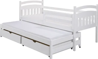 Produktbild von KEF Kinderbett MARCO Bett aus Holz mit Stauraum für Kinderzimmer Ausziehbett für ZWEI Personen Weiß mit Matratze 90x180 cm