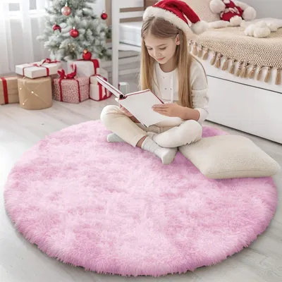 Productafbeelding van Pluizig, langharig vloerkleed, rond, 120 cm - Wasbaar en antislip, geschikt voor kinderkamers en woonkamers