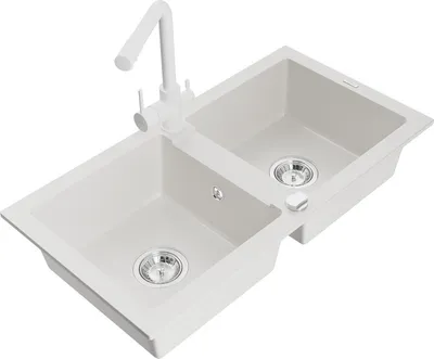 Produktbild von Mexen Mario 2-Becken-Granitspüle mit Mischbatterie Duero, Weiß - 6504-20-671600-20