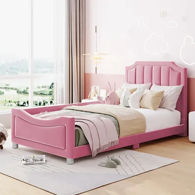 Produktbild von Sweiko Kinderbett Polsterbett 90*200cm Schlafsofa Bettgestell Flanell Multifunktionsweichbett mit Rückenlehne Armlehne Rosa