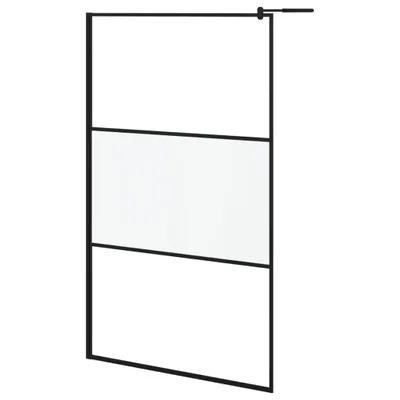 A black framed shower screen with a frosted glass panel.