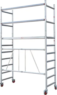 A silver aluminum folding scaffold on a white background.