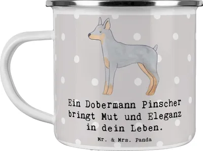 Produktbild von Mr. & Mrs. Panda Teetasse Dobermann Pinscher - Grau Pastell - Geschenk, Beschützerinstinkt, becher emaille, Kaffeepott, Hundeliebhaber, Hunderassen, Beschreibung, Pott