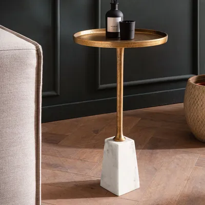 Image de FineBuy Table d'appoint Véritable marbre Métal 34x34x58 cm Table d'appoint Or Blanc Petite table de rangement Ronde Table de salon Table basse Moderne Marbre Haut