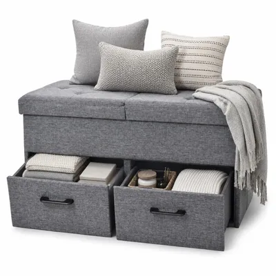 Produktbild von ONBEST Sitzbank mit Stauraum | 2 Schubladen | Grau | 110 kg | 77x40x38 cm (BxHxT) | Leinenoptik | klappbarer Deckel | gepolstert