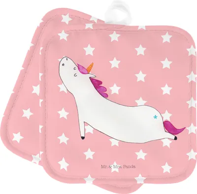 Produktbild von Mr. & Mrs. Panda Topfuntersetzer Einhorn Yoga - Rot Pastell - Geschenk, Unicorn, Namaste, Topflappen Set, topfhalter, Lustig, Ofenlappen, Doppel, Einhörner, Joga