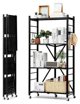 Produktbild von Klappbare Regale mit 4 Etagen und Rädern, 33x71x137 cm, Faltbares Schwerlastregal, montagefreies Standregal, Haushaltsregal, Küchenregal, Metallregal für Garage, Küche, Keller, schwarz