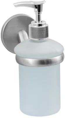 Image de Distributeur de savon liquide entièrement chromé, couleur acier inoxydable, avec bouchon à pression chromé, 1 pièce.